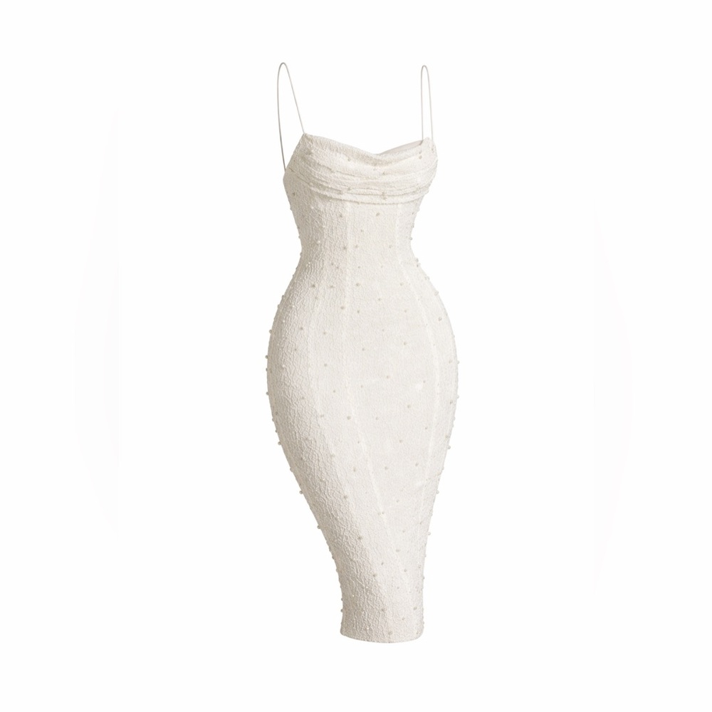 Oh Polly Pearl Beaded Midi Dress Ivory US 4 Luxe Coquette Bodycon